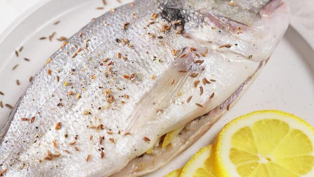 Fresh raw dorado and lemon slices on table. Tilt down camera movement