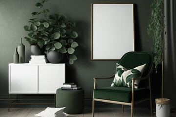 Beautiful living room with faux poster frame, modern frotte armchair, wooden commode, and stylish accessories. Eucalyptus wall. Template. Copies. Generative AI