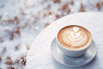 Hot of coffee cup with latte art on outdoor table and winter snow background. Aroma, enjoy beverage, Relax on vacation with hot drinks. - obrazy, fototapety, plakaty