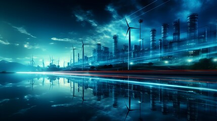 A futuristic city at night with stunning reflections in the water showcasing sustainability through wind turbines, Created with Generative AI Technology