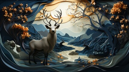 Deer Themed 3D Wallpaper Art in Stylish Dark Blue - obrazy, fototapety, plakaty