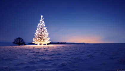 The illuminated Christmas tree in a winter landscape at blue hour