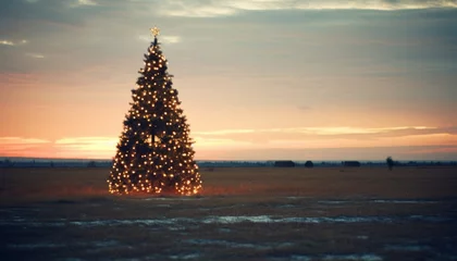Stoff pro Meter The illuminated Christmas tree in a landscape at sunset © Alienmonster Images