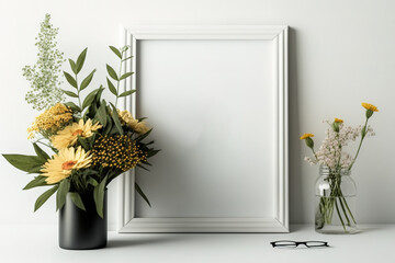 Front view of a mock-up poster frame with decorative elements, flowers, and a blank copy area atop a white wall. Generative AI