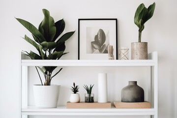 Plants on shelf with frame, minimalistic Scandinavian style. Generative AI