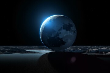 Blue glowing Earth and eclipse in deep starry space with blue skies and water ice found on Pluto. Generative AI