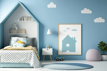 Kids' bedroom with roof house and blue walls/mockup poster frame,. Generative AI