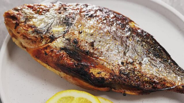 Dorado Fish Baked with Lemon and Spices on White Plate. Tilt Up Camera Movement