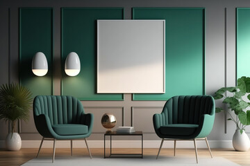 Modern classics have armchairs, lamps, tables, wall panels, and wooden floors. illustration mockup. Generative AI