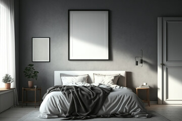 Vertical empty frame in bedroom. The comfy bed has a template poster. Generative AI