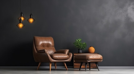 Living room with cognac brown colored leather armchair and leg rest.