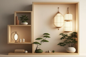 Japanese-style box wall shelves in the living room, a tatami mat, a decorative lamp, and plants in the white zen room. Generative AI