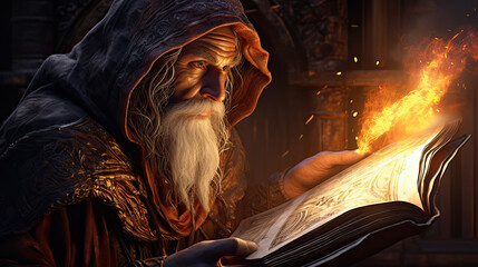 a wizard reading a book about spells. - obrazy, fototapety, plakaty