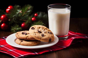 chocolate chip cookies and glass of milk christmas background. cookies and milk for Santa
