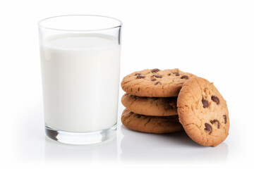 chocolate chip cookies and glass of milk isolated on white background. cookies and milk for Santa on Christmas