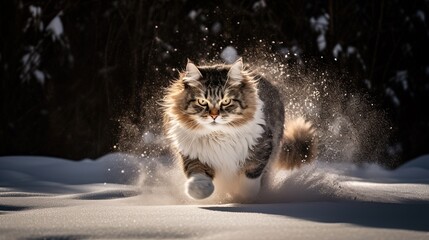 Portrait cat in the snow, on the background of the winter forest. On the street, in the snow.
