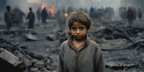 It is war. A frightened child stands before ruins - obrazy, fototapety, plakaty