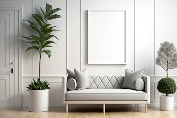 Frame mockups, total white project drafts, and close-ups show a modern waiting area with a rattan sofa and pillow. Parquet, potted plant. design. Generative AI