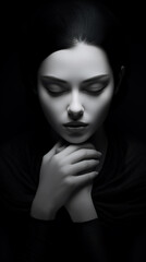 Emotive portrait of a young woman in black and white