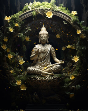 A meditating buddha figure is surrounded by flowers and leaves