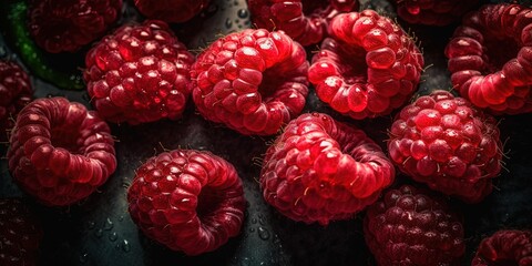 Fresh raspberries background with copy space. Top view. Vegan and vegetarian concept. 