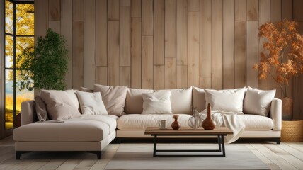 Beige corner sofa against of wooden paneling wallpaper
