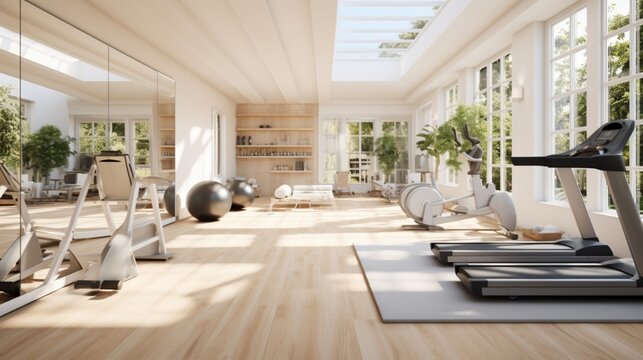 A bright and airy home gym with mirrored walls, the high-resolution camera capturing the spacious and energizing atmosphere of this workout space.