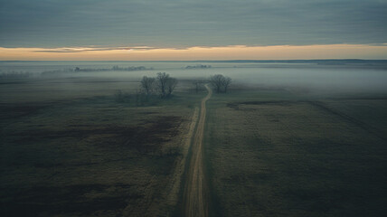 Aerial view an old rural dirt road leading to nowhere and shrouded in mist and fog.