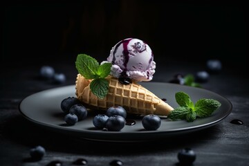 An ice cream cone with blueberries and mint on a plate, alongside ice cream and mint leaves on a dark surface with a window in the background. Generative AI