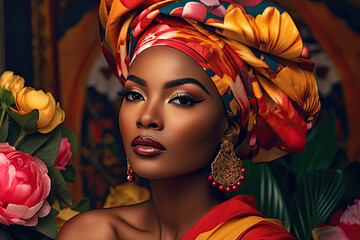 African Turban Fashion: Stylish Black Woman on Floral Background
