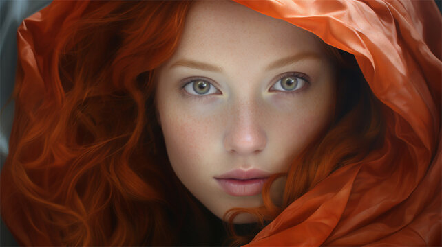 Closeup Studio Portrait Of A Glamorous Beautiful Woman Wearing A Red Cloak With A Hood. Perfect Skin And A Fair Complexion. Red Hair.