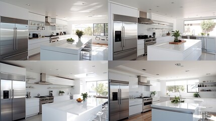 A contemporary kitchen with sleek white walls and stainless steel accents, the high-definition camera capturing the clean and modern design. - obrazy, fototapety, plakaty