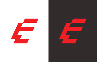 monogram logo letter "E" in red. black and white background.