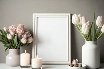 Happy Spring frame, white ceramic vase with pink tulip flower bouquet, candles on a wooden table or shelf, all against a light gray wall. Spring-inspired interior design for homes. a mockup