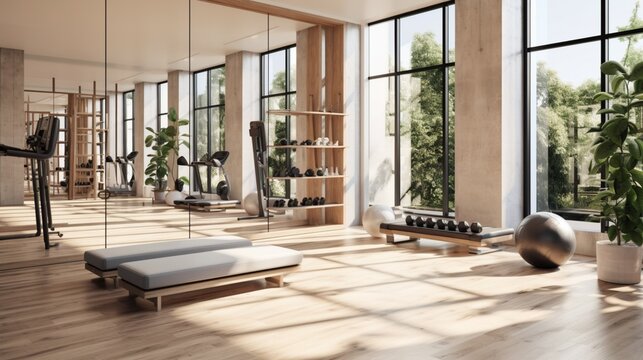 A bright and airy home gym with mirrored walls, the high-definition camera capturing the spacious and energizing atmosphere, encouraging an active lifestyle.