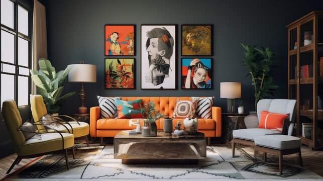 A cozy and eclectic living room with gallery walls, the HD camera capturing the curated collection of artwork and the vibrant personality of the space.