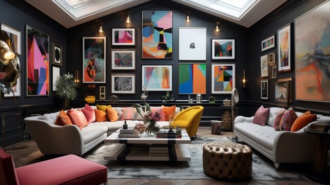A cozy and eclectic living room with gallery walls, the HD camera capturing the curated collection of artwork, expressing the vibrant personality of the space.