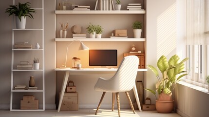 Fototapeta na wymiar A cozy home office with neutral-colored walls, showcasing minimalist decor and ergonomic furniture, creating a productive and inviting workspace.