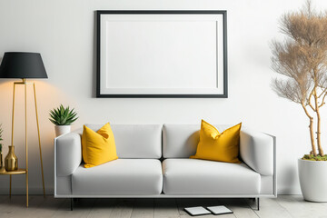 Interior design art frame mockup. Modern Scandinavian interior with poster template and sofa. Blank copy space mockup. Generative AI