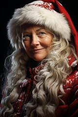 Joyful Christmas Portrait of Santa's Wife with a Red Hat, Smiling Happily