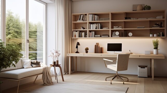 A cozy home office with neutral-colored walls, showcasing minimalist decor and ergonomic furniture, creating a productive and inviting workspace.