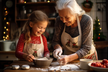 Caucasian grandmother baking cookies at Christmas with granddaughter. Festive baking - obrazy, fototapety, plakaty