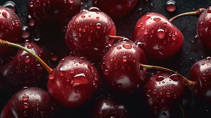 Close up of a bunch of bright red cherries shot from above.