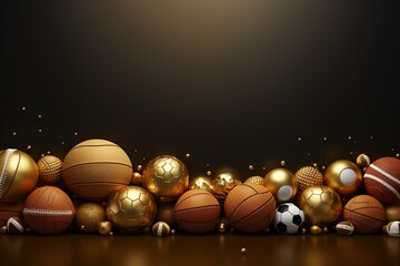 Sports ball banner with tennis, football, soccer, basketball in gold. 3D render illustration. Generative AI