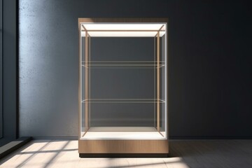 Well-lit display case in daylight with empty space. 3D rendering of a mock-up for advertising. Generative AI