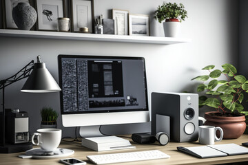 Fototapeta premium Front view of workstation in home office with computer, coffee cup, documents, and stationery. Generative AI