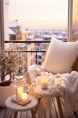 Fototapeta na wymiar Cosy armchair and candle lights, winter balcony home decor, calm and relax city living mock up arrangement