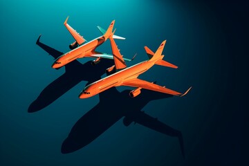 Fototapeta na wymiar Two airplanes soar in orange light with a 3D effect, against a blue background and shadow. Generative AI