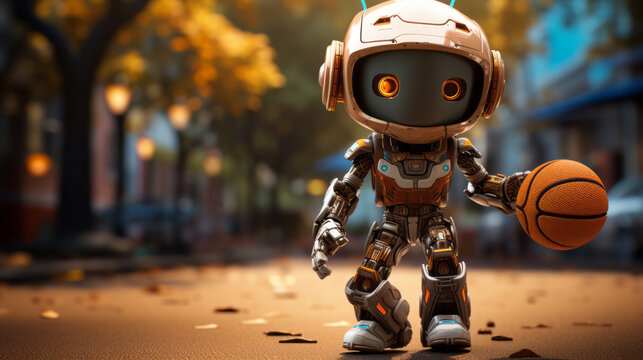 Cute young robot playing basketball in a park on a sunny day.