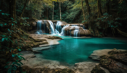 Tranquil scene of flowing water in majestic tropical rainforest landscape generated by AI